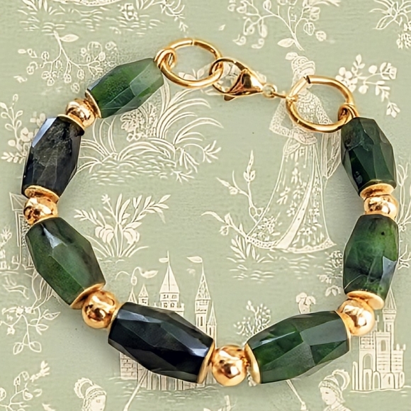 Jade Jewelry - Genuine Green Jade In Gold Beaded Bracelet
